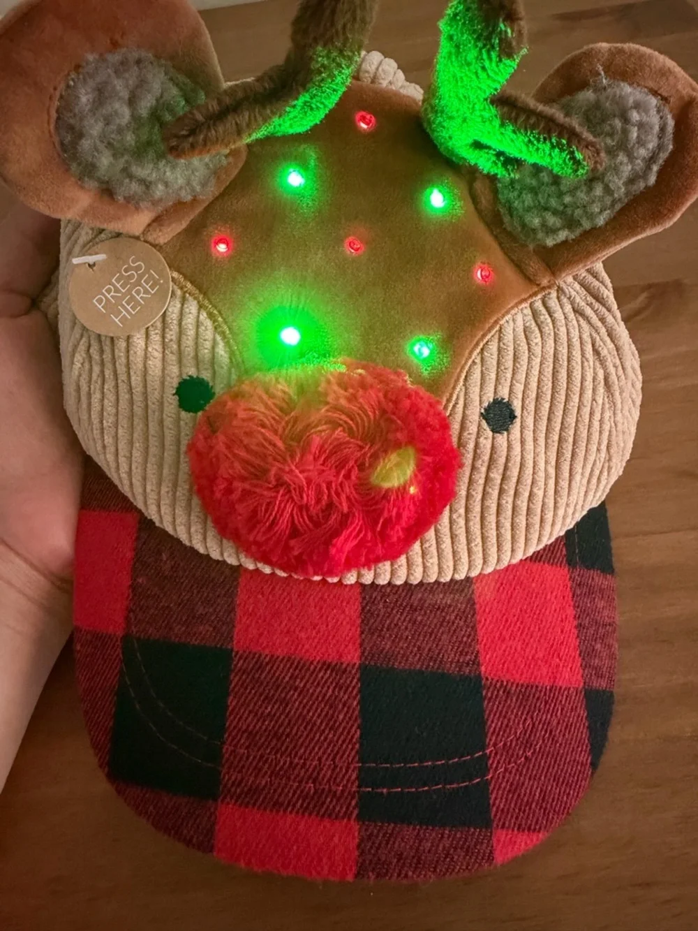 Mud Pie Tan & Red Reindeer Cap with Buffalo Plaid Brim Unisex 3T-5T